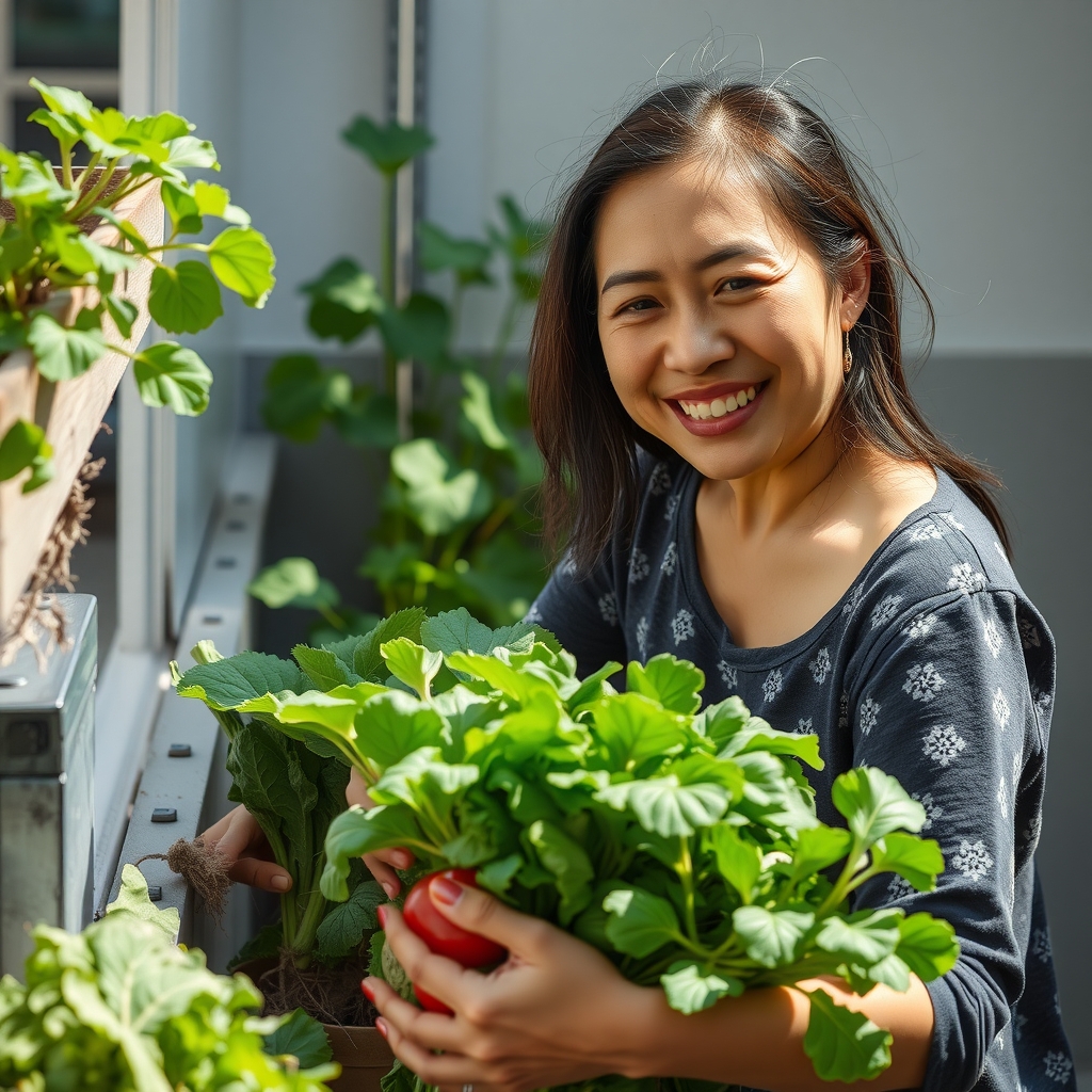 cách trồng rau sạch tại nhà - Phụ nữ nội trợ chăm sóc khu vườn và trồng rau thùng xốp trên ban công